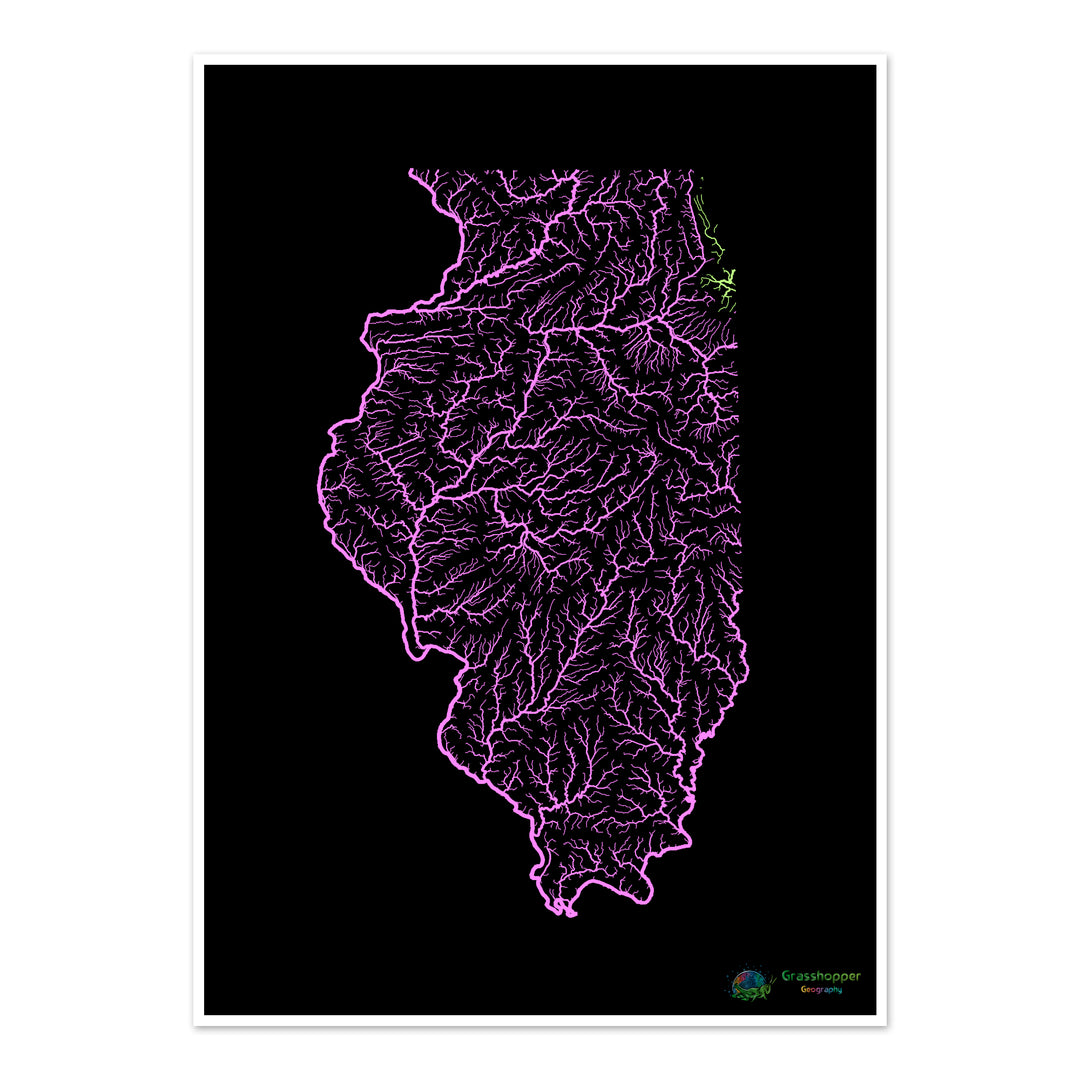 Illinois - Mapa da bacia hidrográfica, pastel sobre preto - Impressão de belas artes