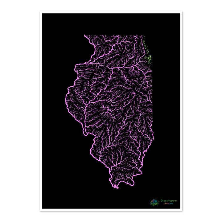 Illinois - Mapa da bacia hidrográfica, pastel sobre preto - Impressão de belas artes