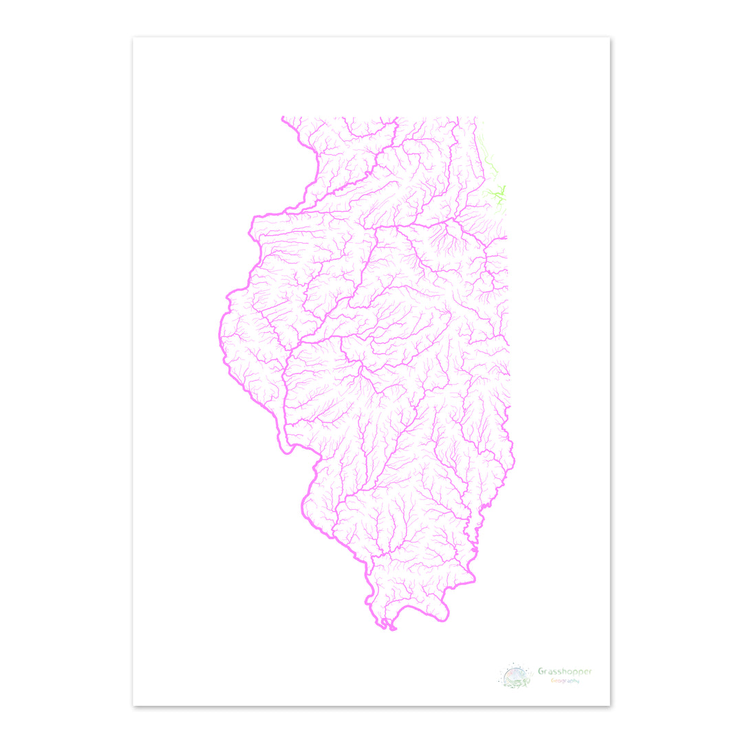 Illinois - Carte du bassin fluvial, pastel sur blanc - Fine Art Print