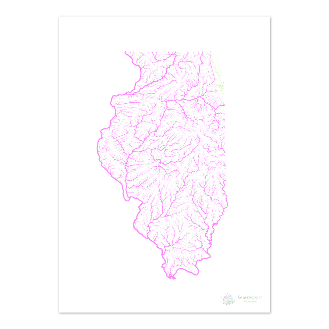Illinois - Mapa da bacia hidrográfica, pastel sobre branco - Impressão de belas artes