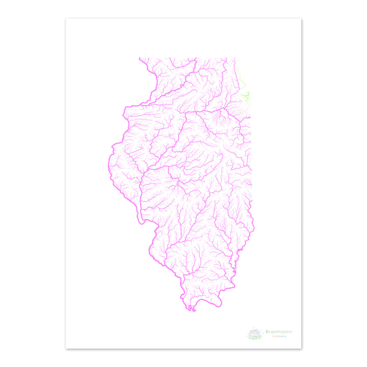 Illinois - Carte du bassin fluvial, pastel sur blanc - Fine Art Print