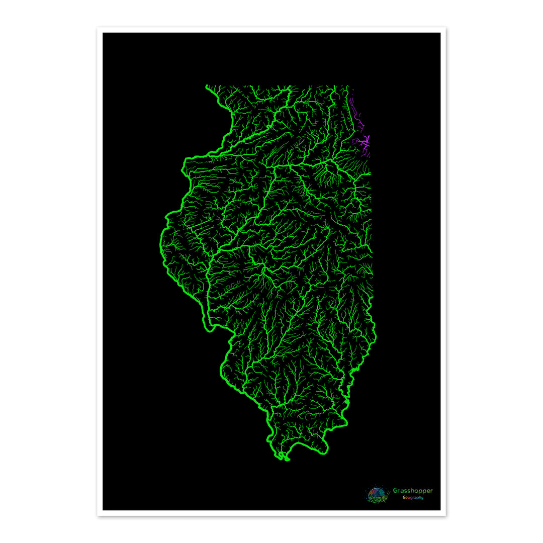 Illinois - River basin map, rainbow on black - Fine Art Print