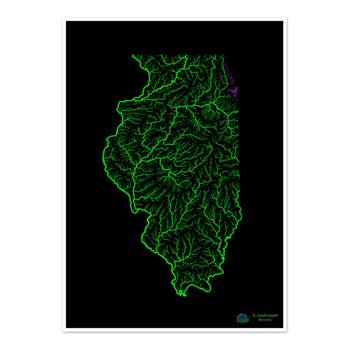 Illinois - River basin map, rainbow on black - Fine Art Print