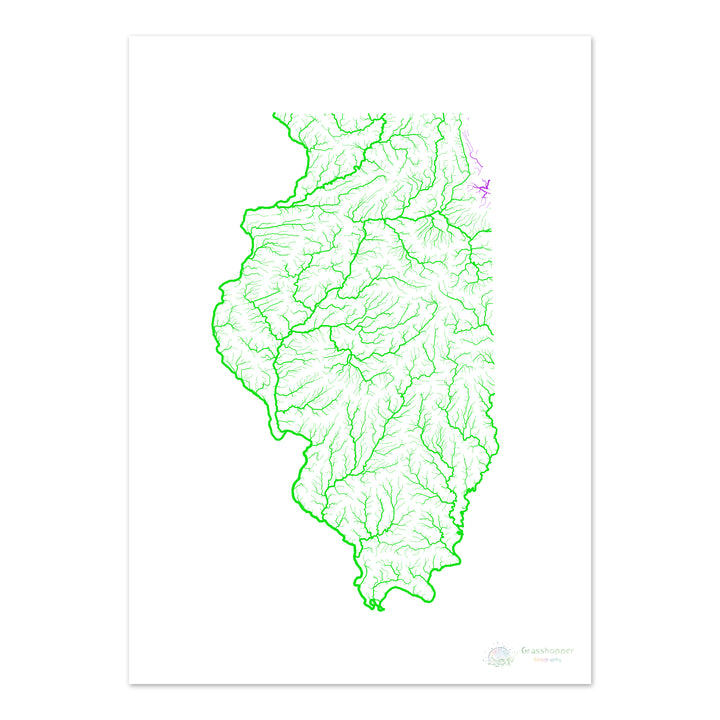 Illinois - Carte du bassin fluvial, arc-en-ciel sur blanc - Fine Art Print