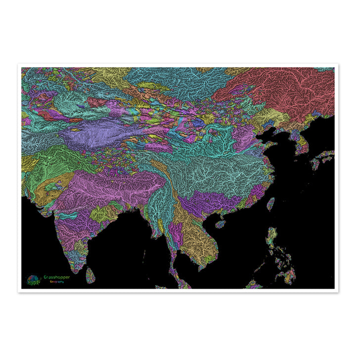 River basin map of India and China, pastel colours on black - Fine Art Print