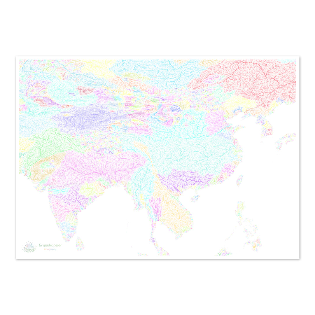 River basin map of India and China, pastel colours on white - Fine Art Print