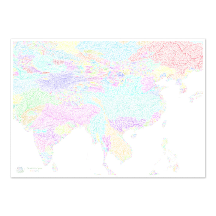 Inde et Chine - Carte des bassins fluviaux, pastel sur blanc - Fine Art Print