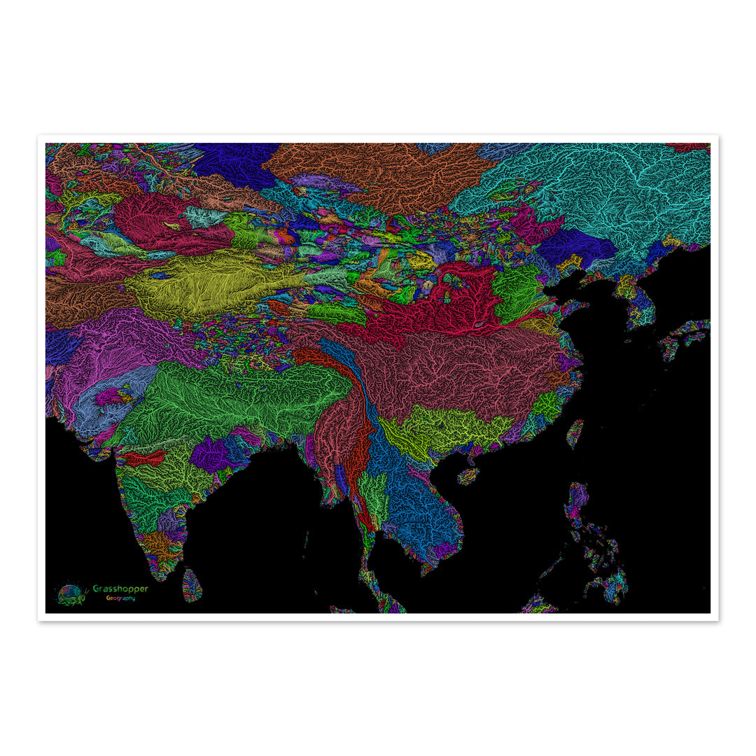 India y China - Mapa de cuencas fluviales, arco iris sobre negro - Impresión de Bellas Artes