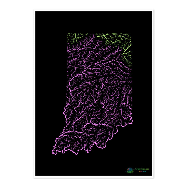 River basin map of Indiana, pastel colours on black - Fine Art Print