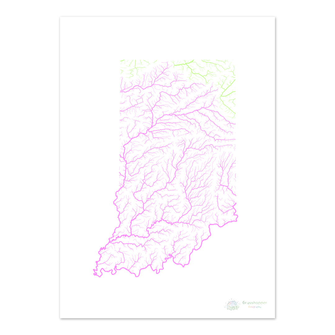 Indiana - Carte du bassin fluvial, pastel sur blanc - Fine Art Print