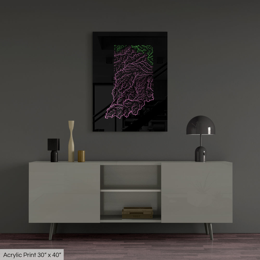 Indiana - River basin map, rainbow colours - Wall Art