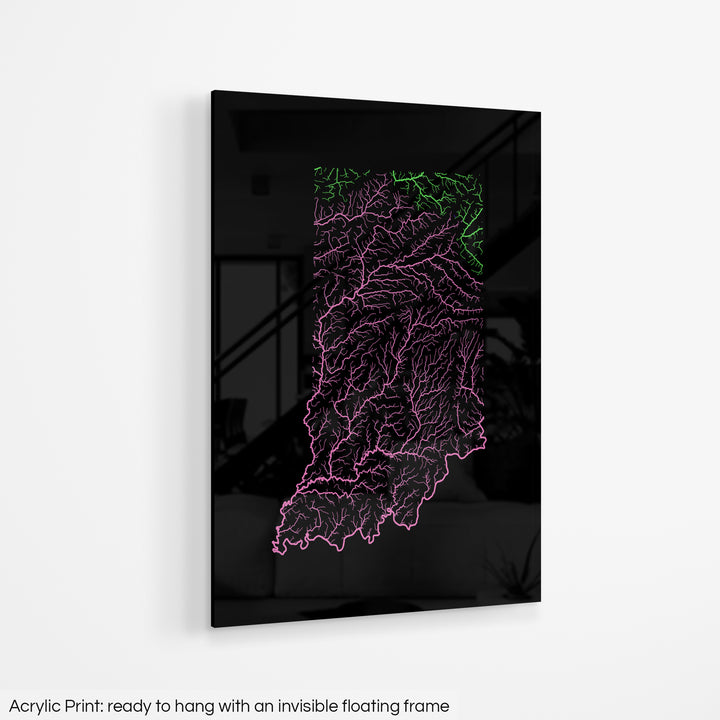 Indiana - River basin map, rainbow colours - Wall Art