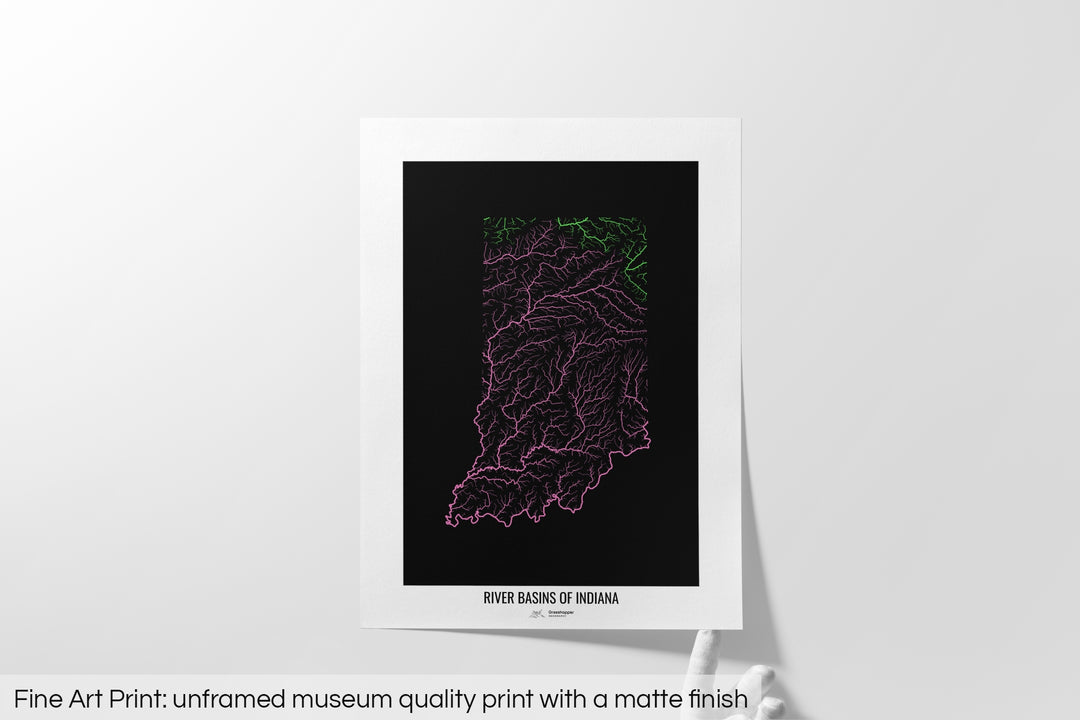 Indiana - River basin map, rainbow colours - Wall Art