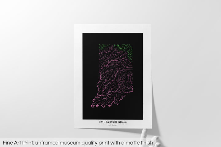 Indiana - River basin map, rainbow colours - Wall Art