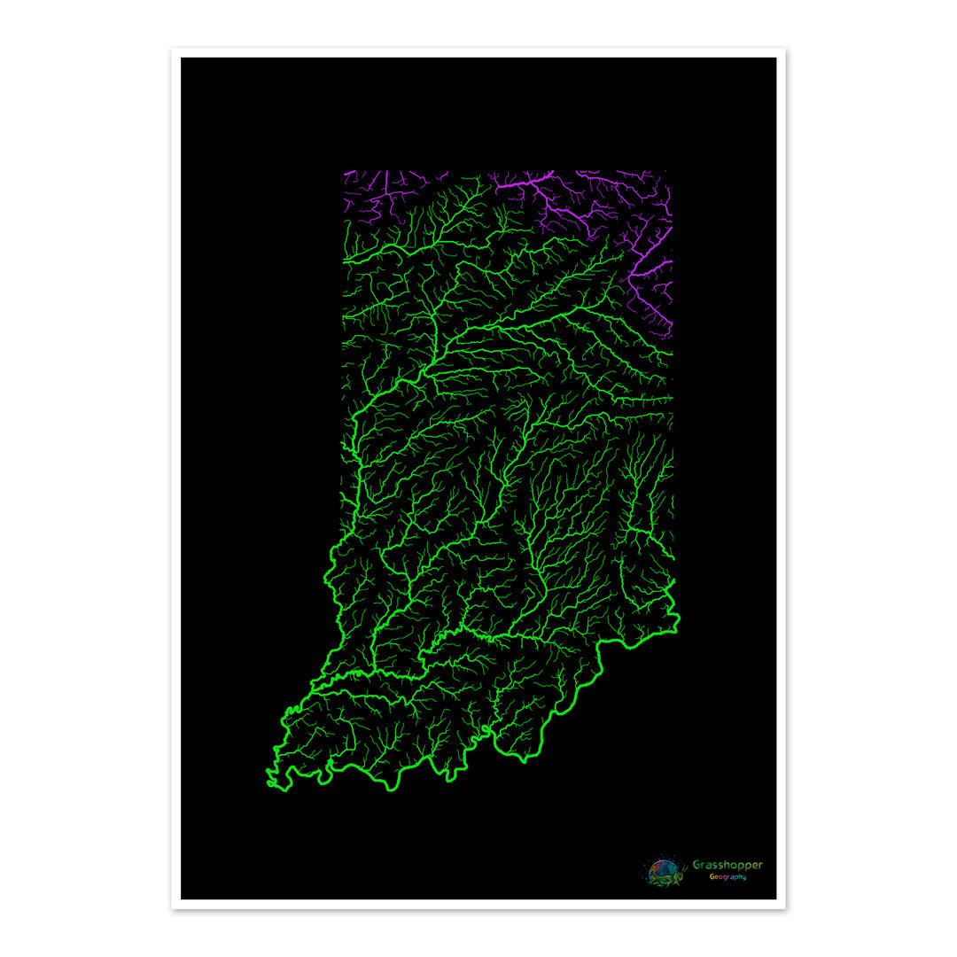 Indiana - Mapa de la cuenca fluvial, arco iris sobre negro - Impresión de Bellas Artes