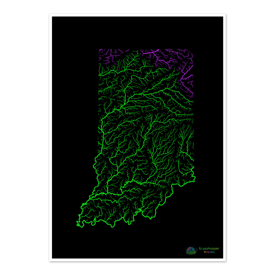 Indiana - River basin map, rainbow on black - Fine Art Print