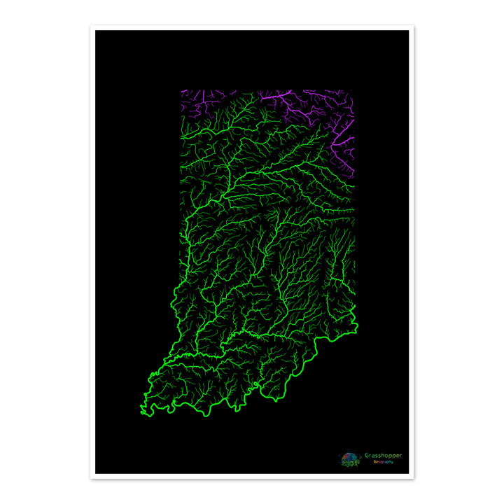 印第安纳州 - 河流流域地图，黑色彩虹 - 美术印刷品