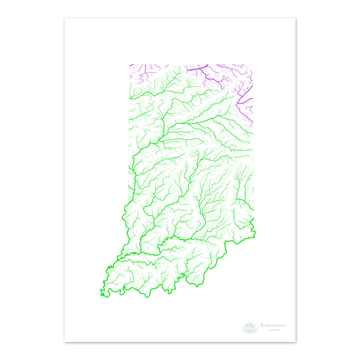 Indiana - River basin map, rainbow on white - Fine Art Print