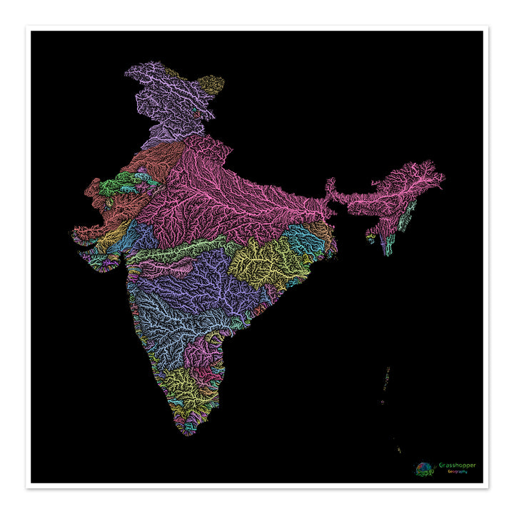 भारत - नदी बेसिन मानचित्र, काले रंग पर पेस्टल - फाइन आर्ट प्रिंट
