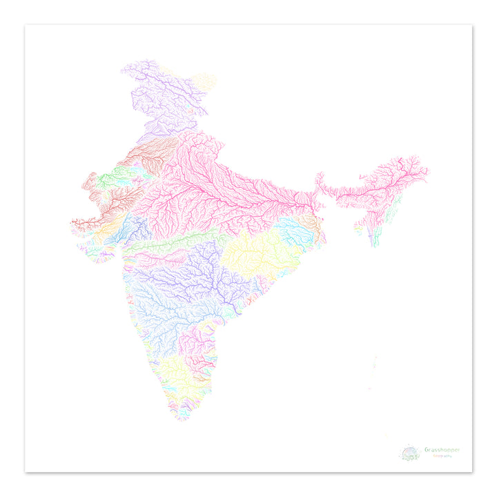 भारत - नदी बेसिन मानचित्र, सफ़ेद पर पेस्टल - फाइन आर्ट प्रिंट