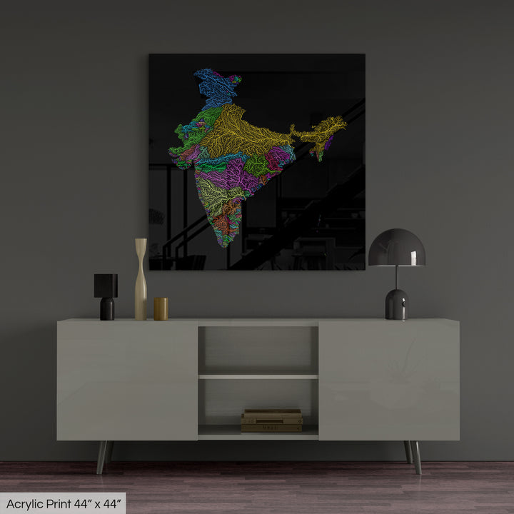 India - River basin map, rainbow colours - Wall Art