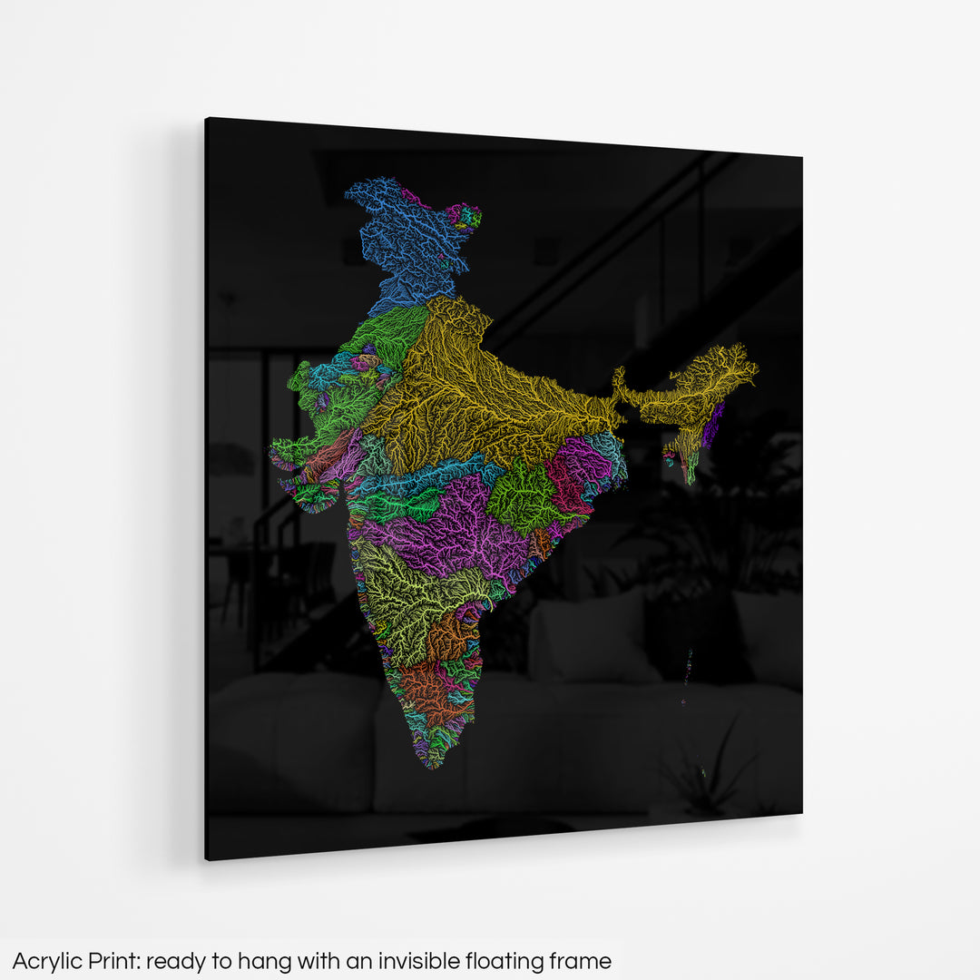 India - River basin map, rainbow colours - Wall Art