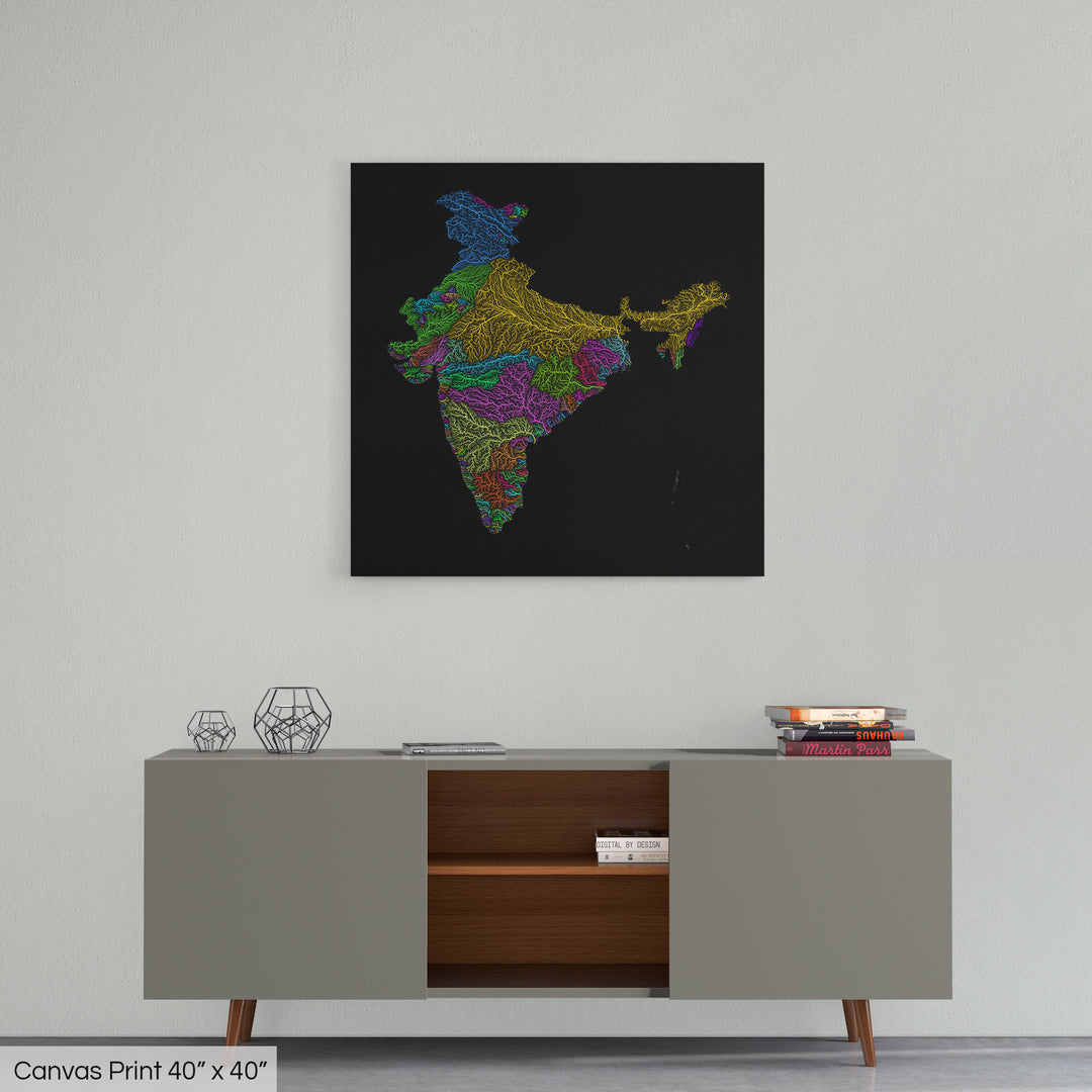 India - River basin map, rainbow colours - Wall Art