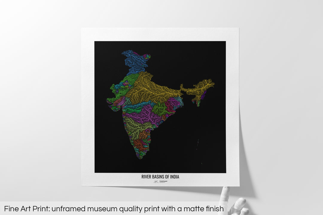 India - River basin map, rainbow colours - Wall Art