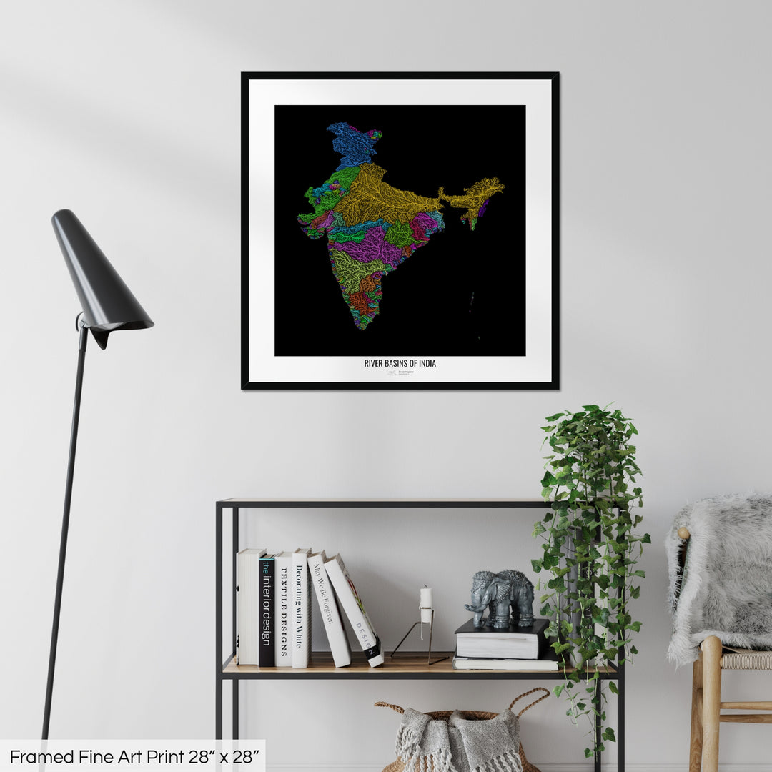 India - River basin map, rainbow colours - Wall Art