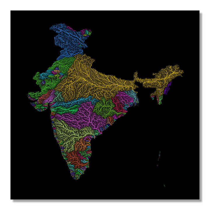 India - River basin map, rainbow colours - Wall Art