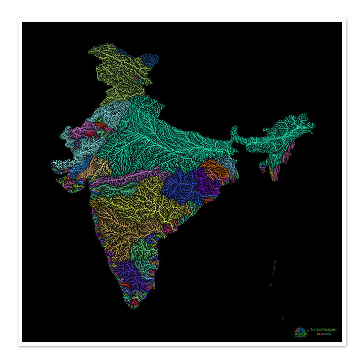 India - Mapa de cuencas fluviales, arco iris sobre negro - Impresión de Bellas Artes