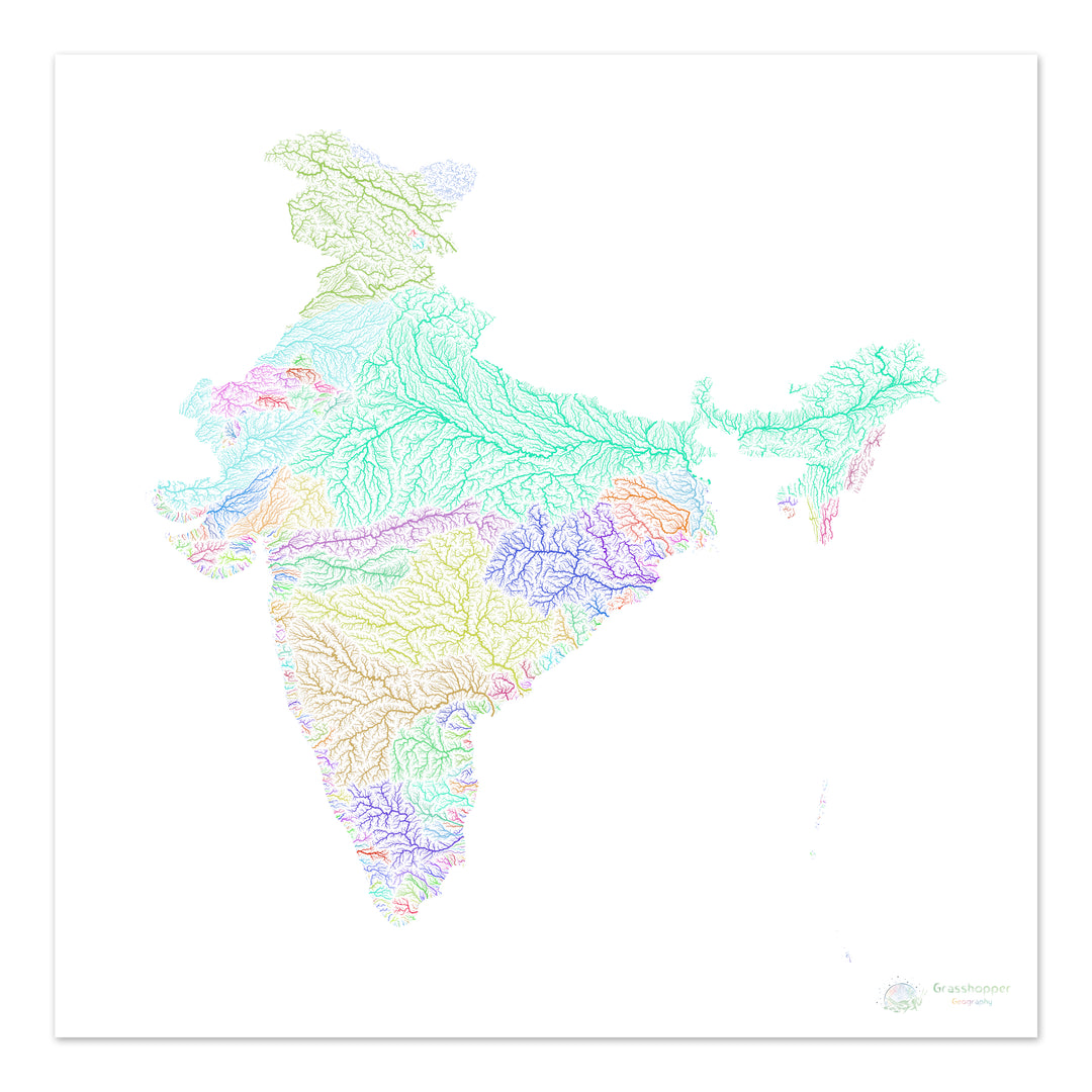 Inde - Carte des bassins fluviaux, arc-en-ciel sur blanc - Fine Art Print