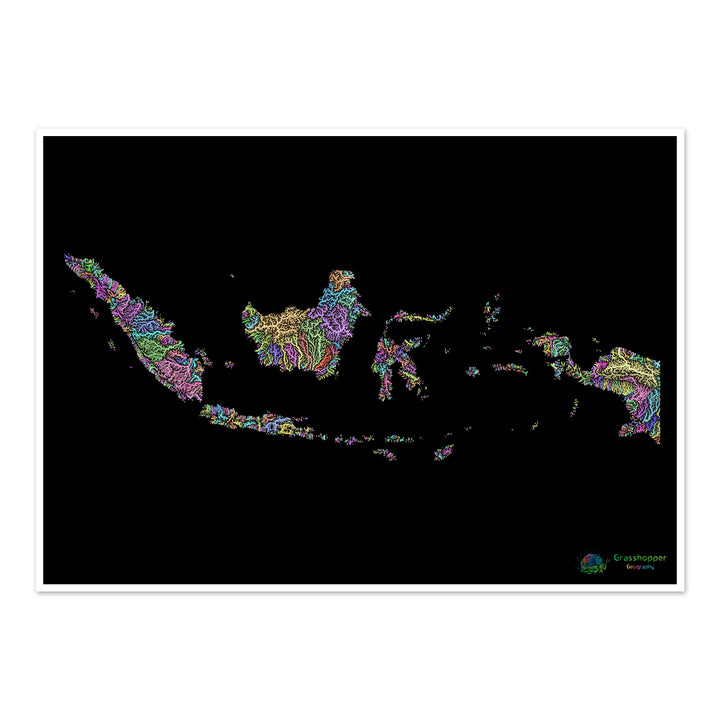 River basin map of Indonesia, pastel colours on black - Fine Art Print