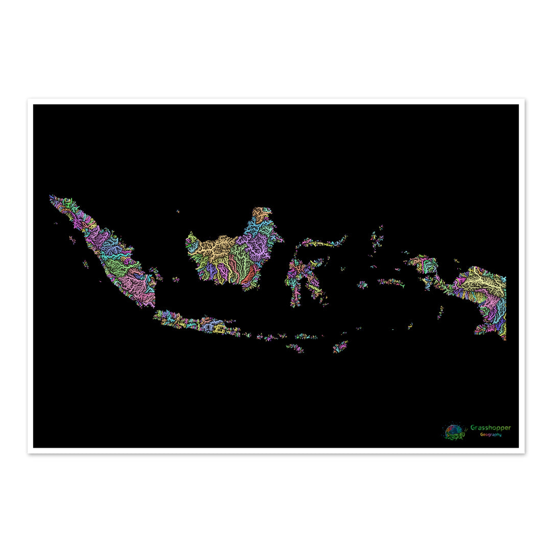 Indonésie - Carte des bassins fluviaux, pastel sur noir - Fine Art Print