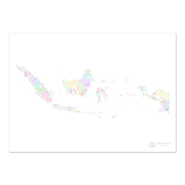 Indonésie - Carte des bassins fluviaux, pastel sur blanc - Fine Art Print