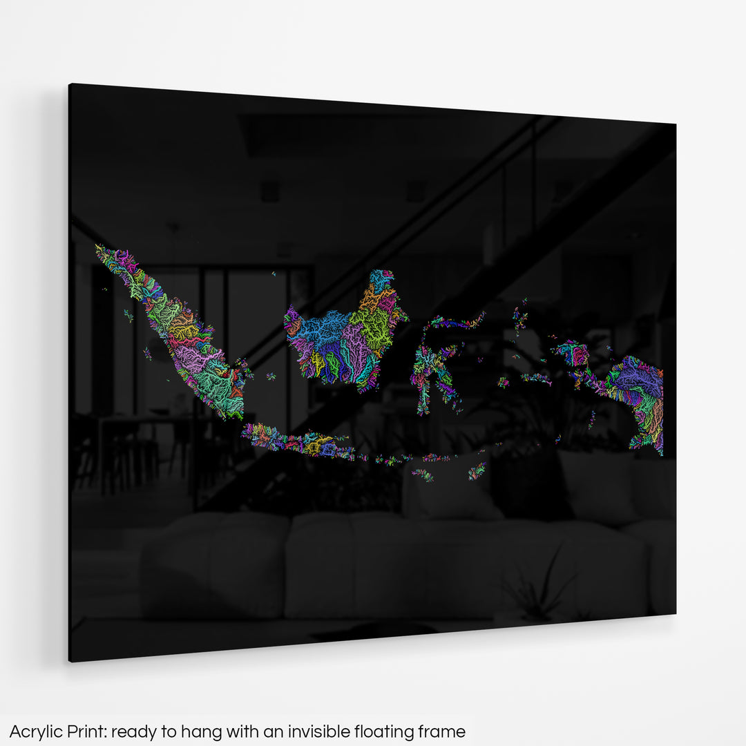 Indonesia - River basin map, rainbow colours - Wall Art