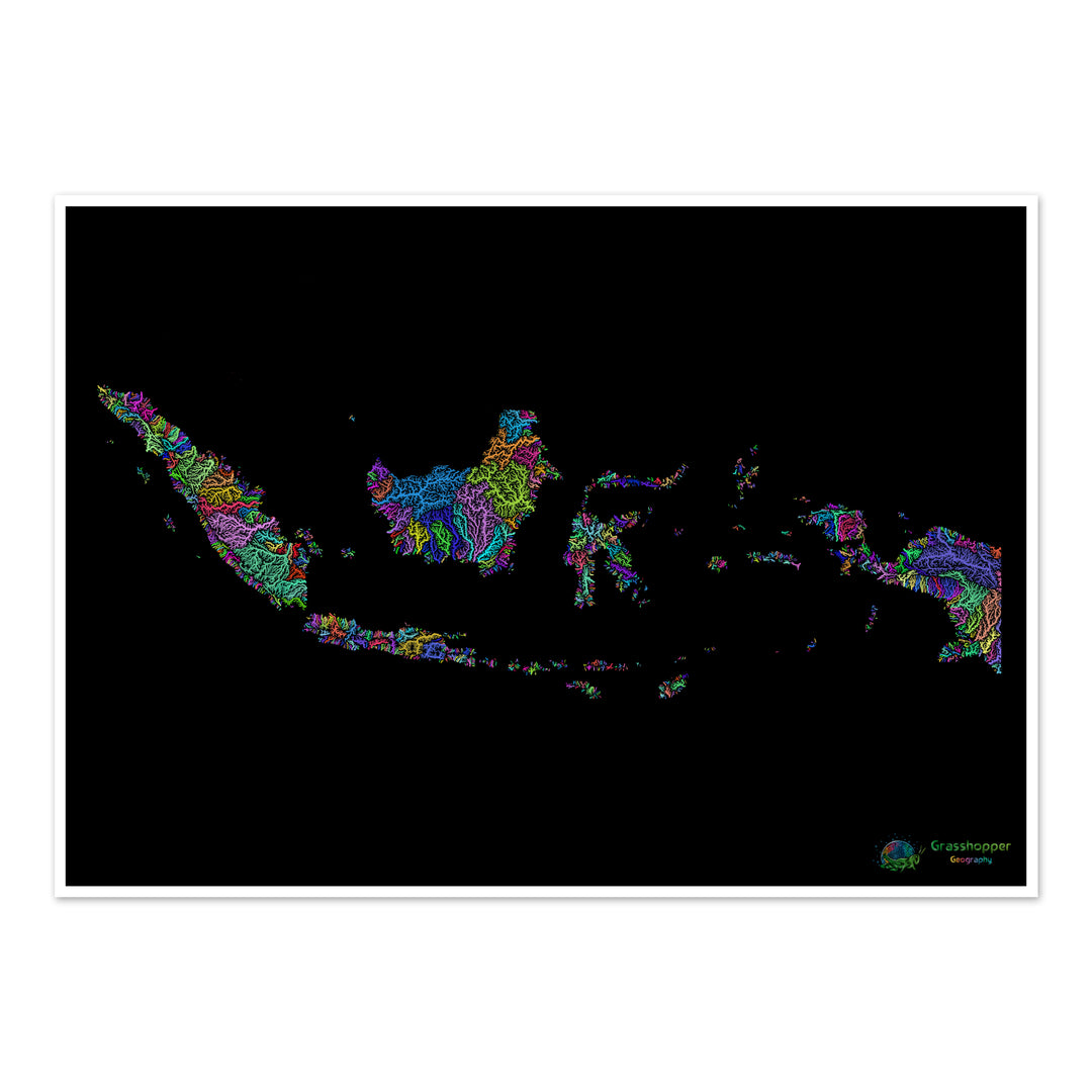 Indonesia - River basin map, rainbow on black - Fine Art Print