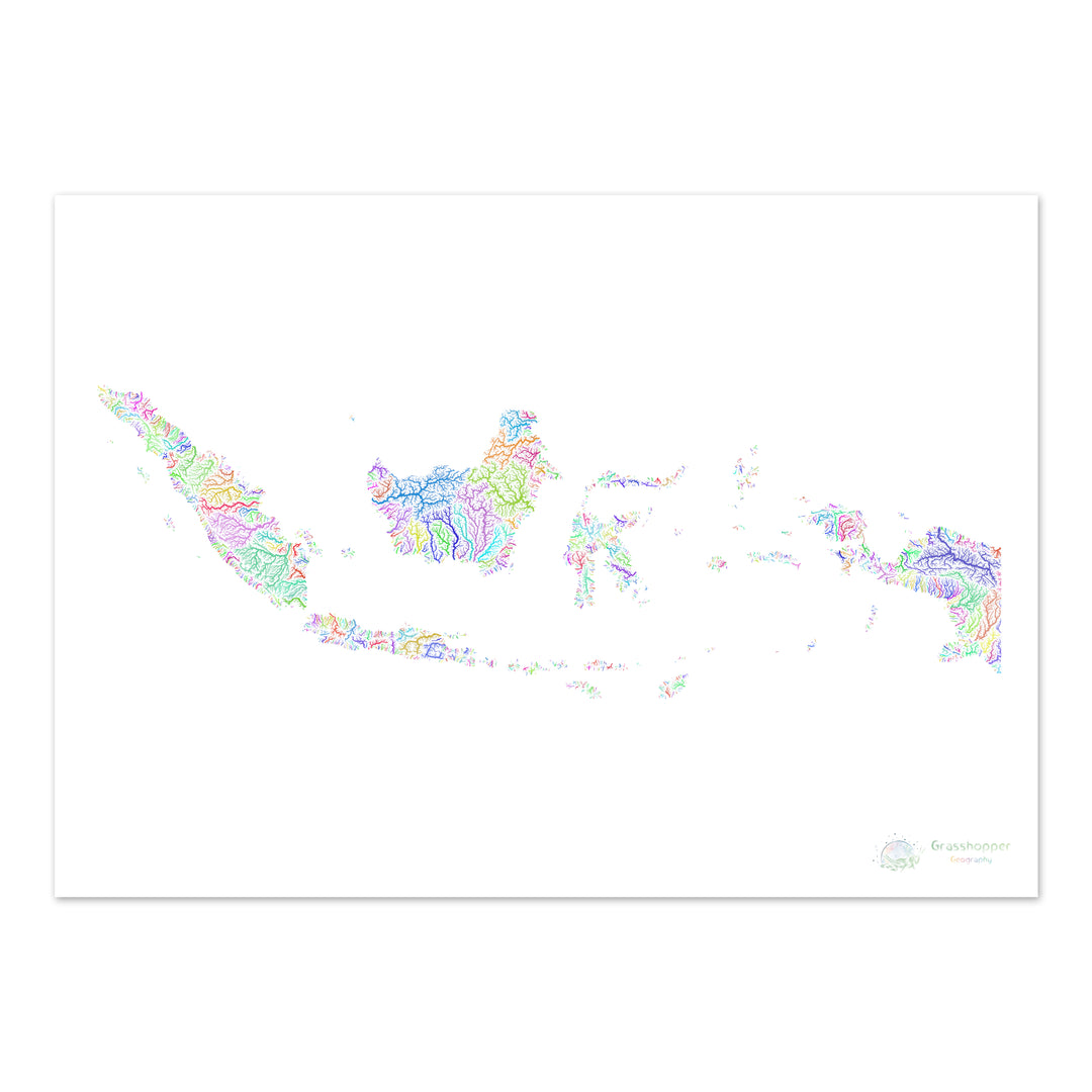 River basin map of Indonesia, rainbow colours on white Fine Art Print