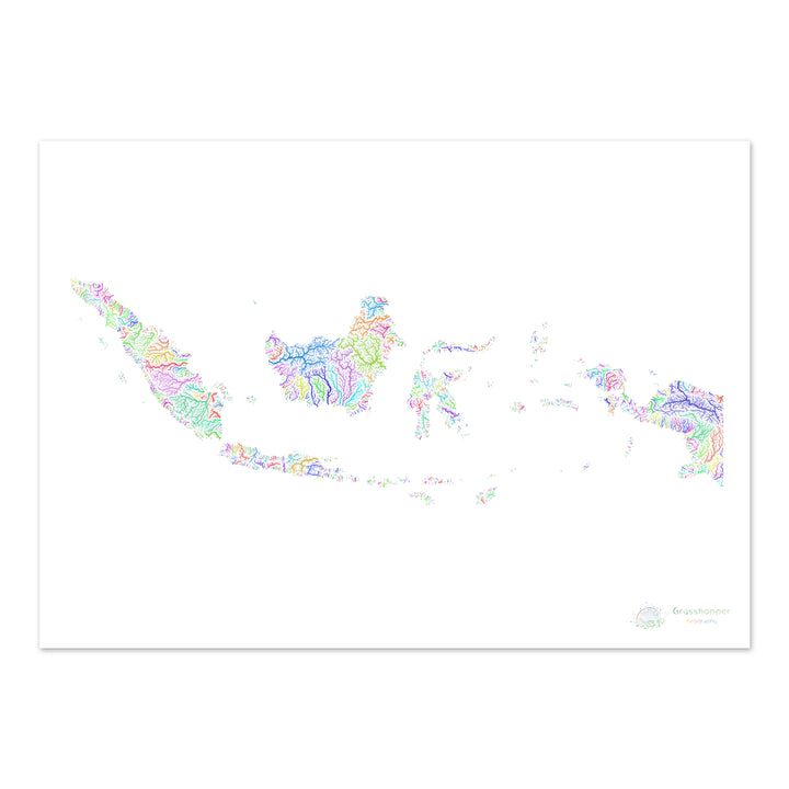 Indonesia - River basin map, rainbow on white - Fine Art Print