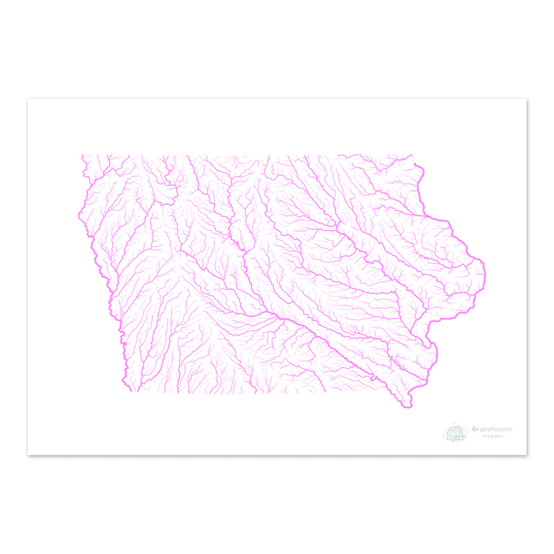 Iowa - Carte du bassin fluvial, pastel sur blanc - Fine Art Print