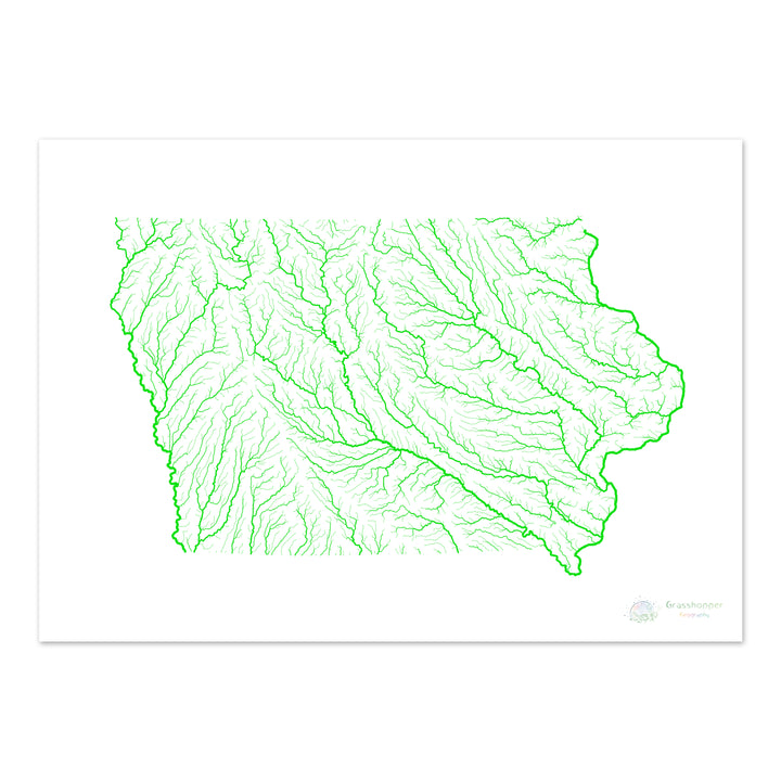 Iowa - River basin map, rainbow on white - Fine Art Print