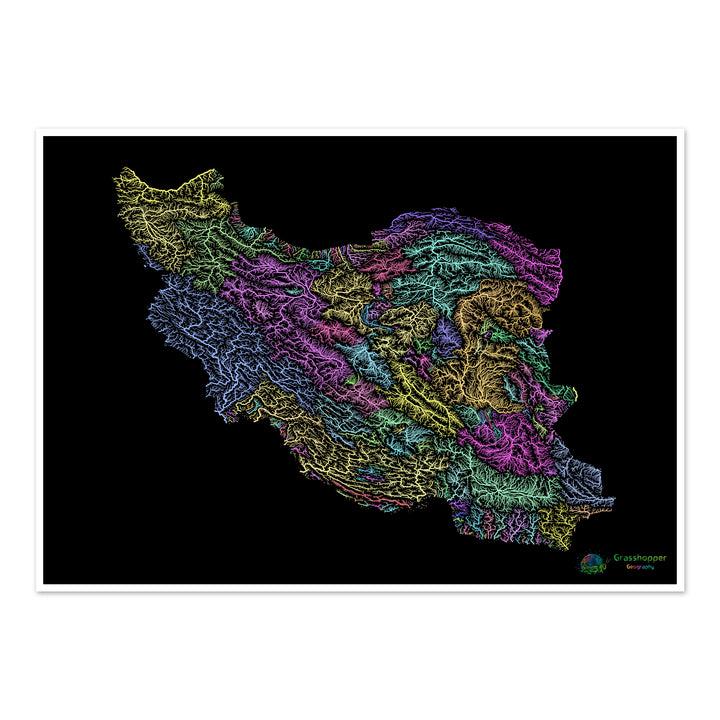 River basin map of Iran, pastel colours on black - Fine Art Print