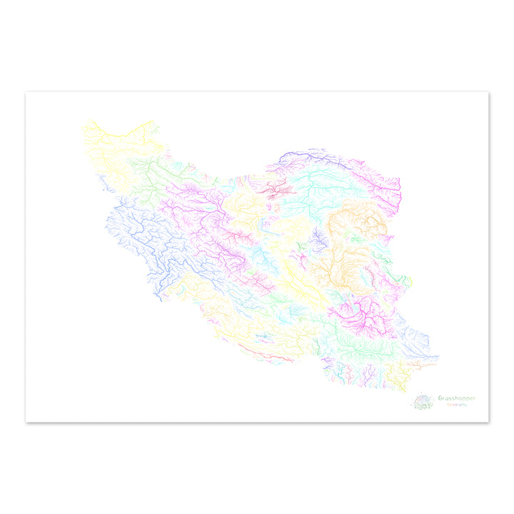 Irán - Mapa de la cuenca fluvial, pastel sobre blanco - Impresión de Bellas Artes