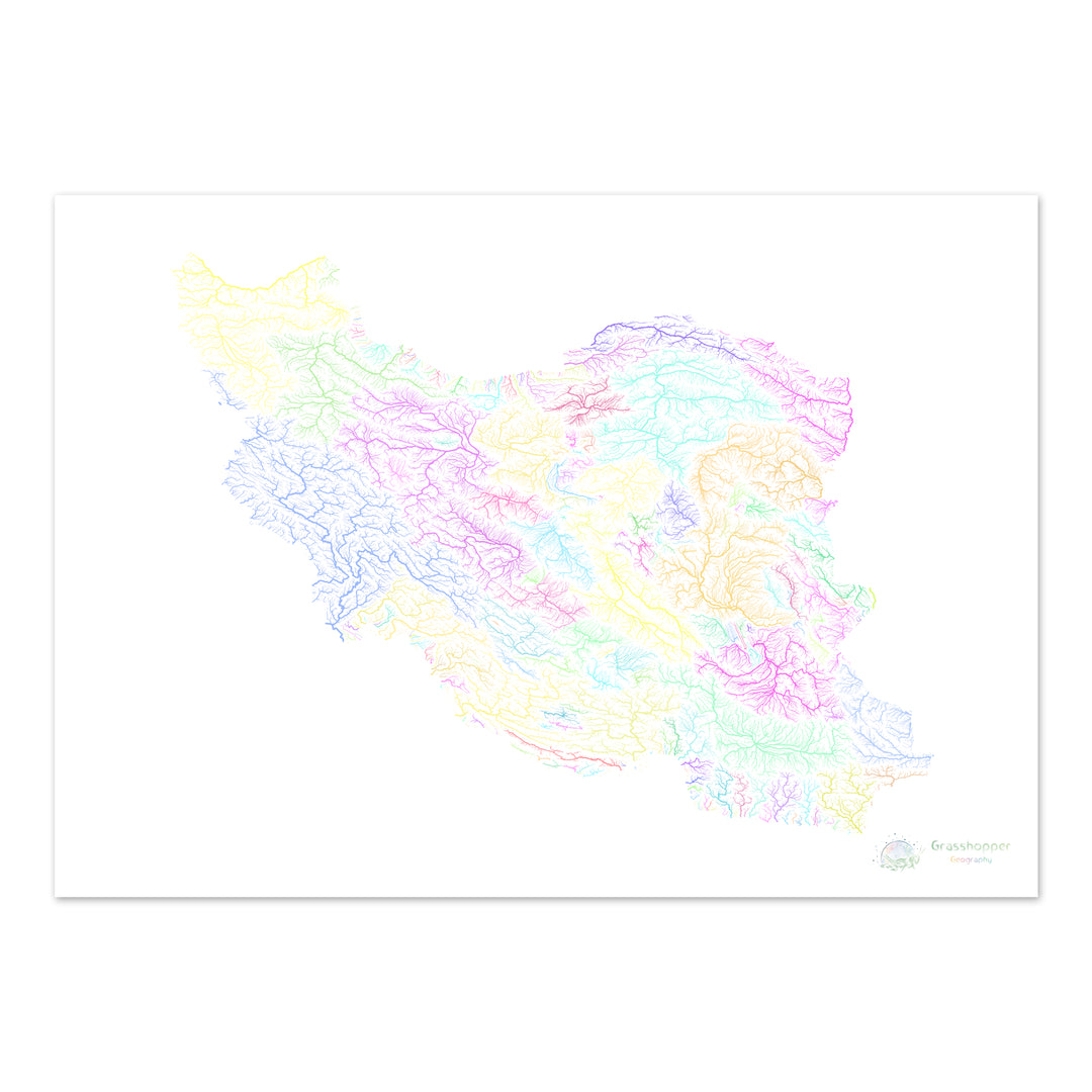 Irã - Mapa da bacia hidrográfica, pastel sobre branco - Impressão de belas artes