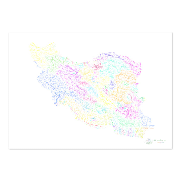 Irã - Mapa da bacia hidrográfica, pastel sobre branco - Impressão de belas artes