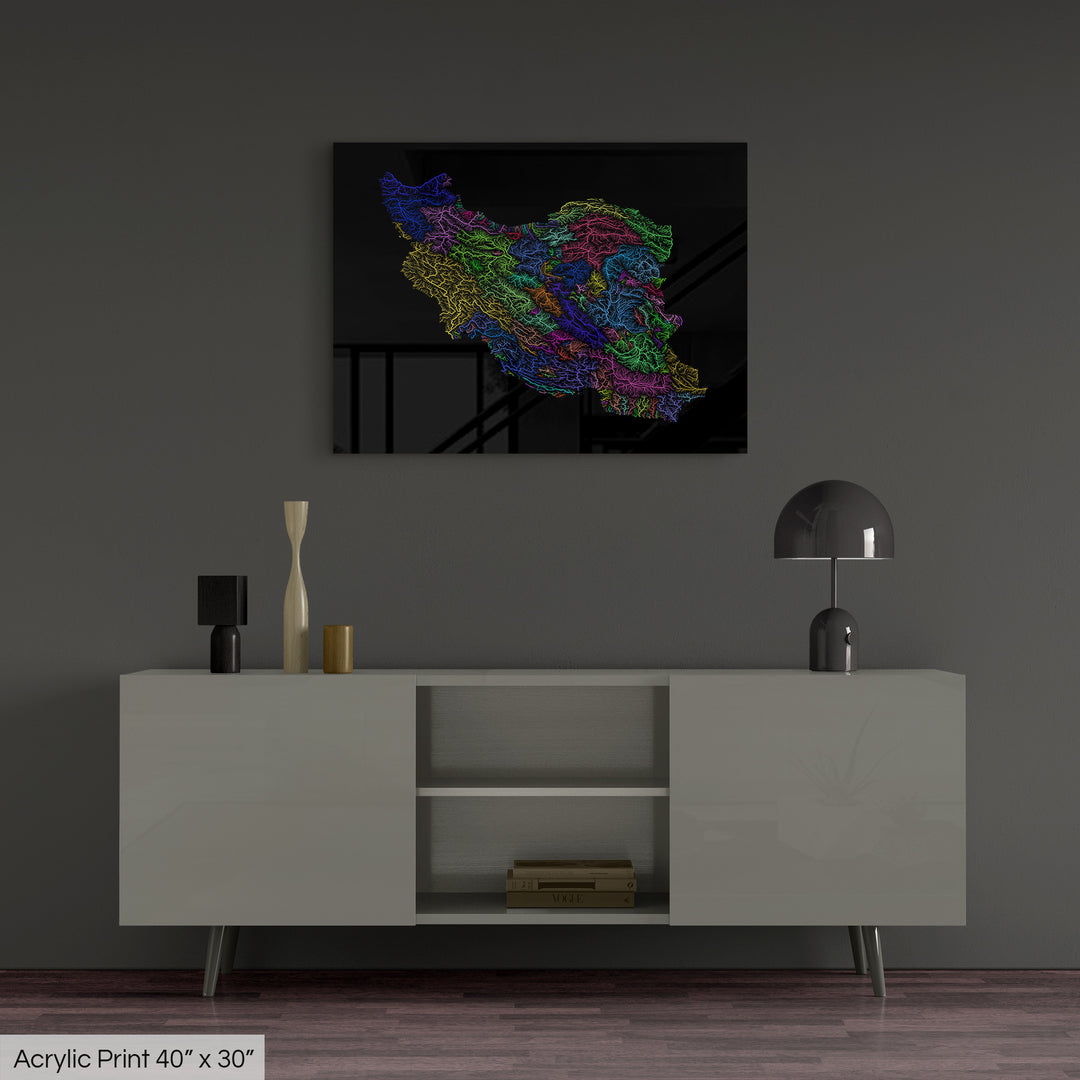 Iran - River basin map, rainbow colours - Wall Art
