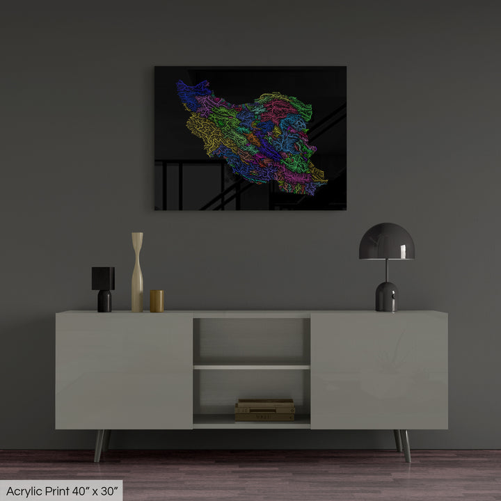 Iran - River basin map, rainbow colours - Wall Art