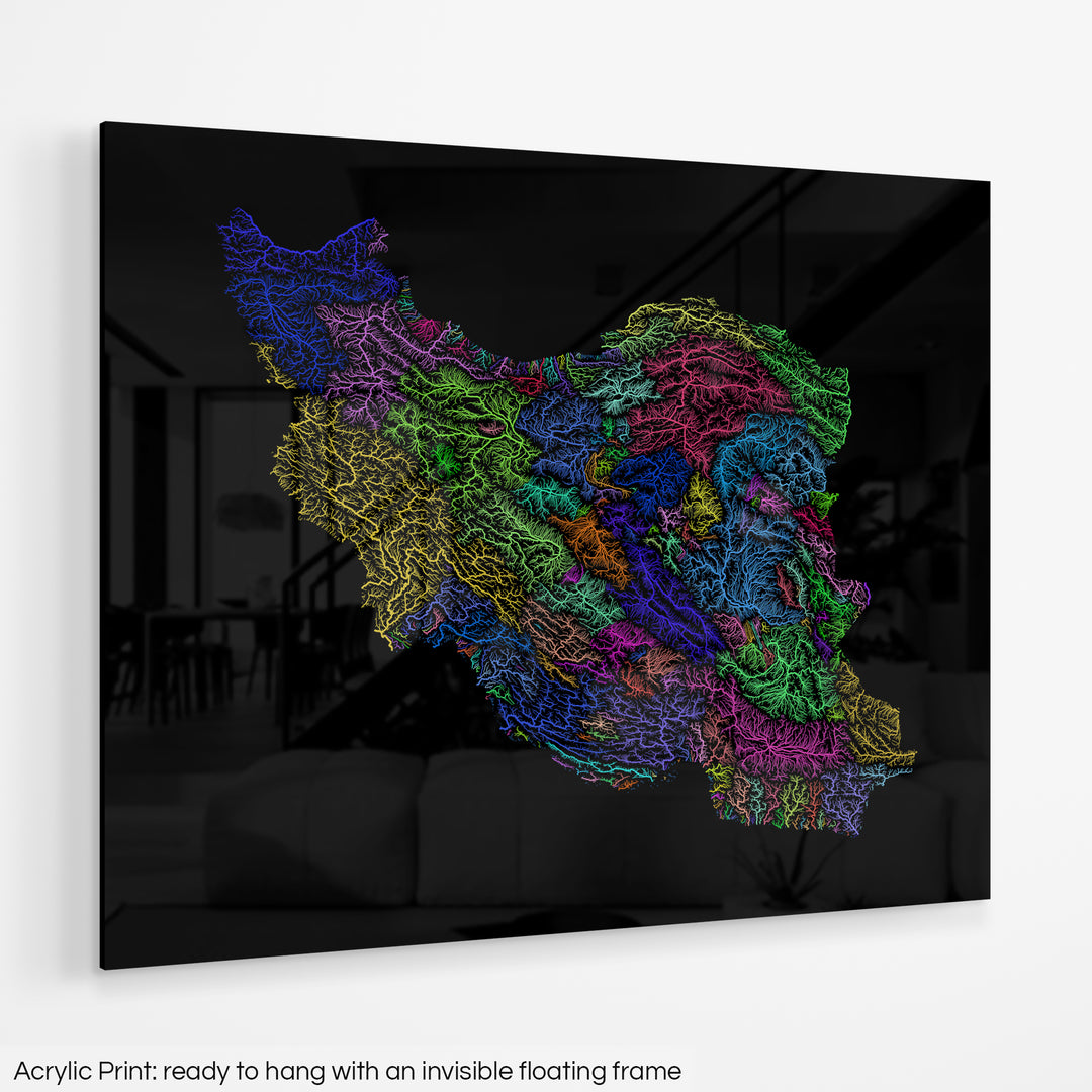 Iran - River basin map, rainbow colours - Wall Art