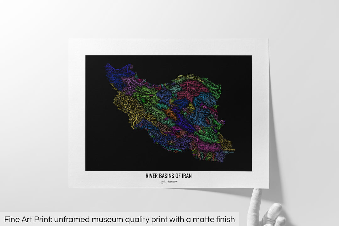 Iran - River basin map, rainbow colours - Wall Art