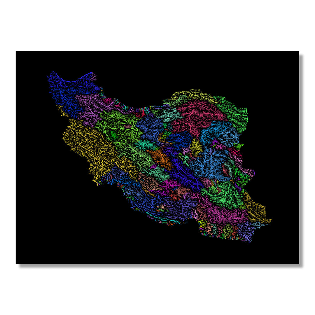 Iran - River basin map, rainbow colours - Wall Art